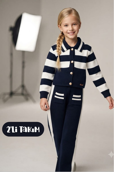 Hilal Akıncı Kids Girl's Striped Gold Buttoned Knitwear Cardigan Pocket Trous...