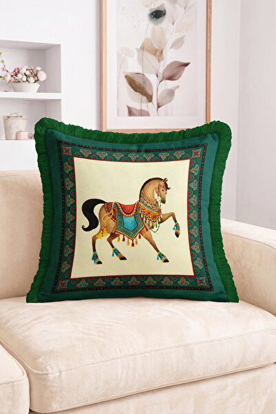 Realhomes Ethnic Decorated Horse Figured Green Border Patterned Fringed Throw...
