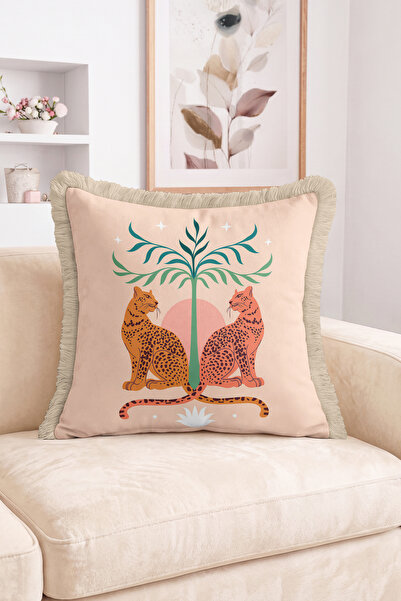 Realhomes Leopard Figured Palm Tree Patterned Fringed Throw Pillow Cover on P...