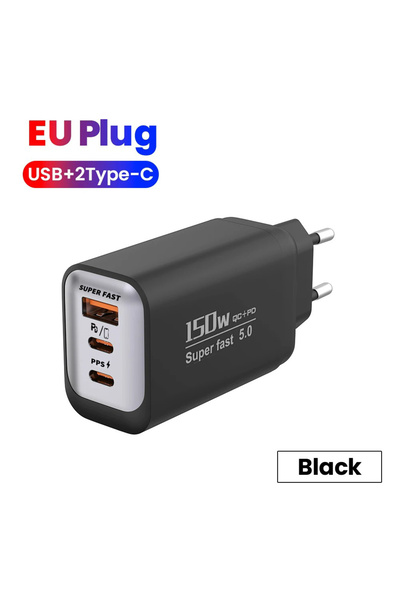 choice2 شاحن USB من النوع C أسود اللون بقوة 150 واط، يدعم الشحن السريع QC3.0،...