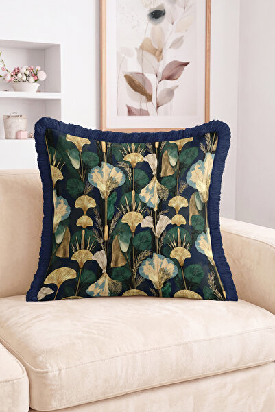 Realhomes Navy Blue Background with Gold-Toned Ginkgo Leaf and Floral Pattern...