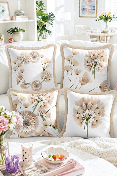 Realhomes Beige Floral Patterned and Natural-Toned 4-Piece Fringed Throw Pill...