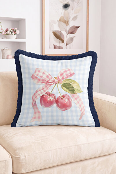 Realhomes Cherry and Gingham Floor Patterned Fringed Throw Pillow Cover with ...
