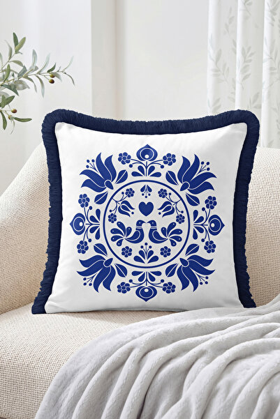 Realhomes Bird and Heart Figured Tile Motif Patterned Fringed Throw Pillow Co...