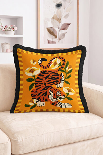 Realhomes Fringed Throw Pillow Cover with Tiger Figure, Floral Motif, Mustard...