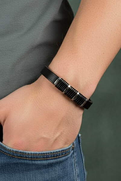 OSMANLI GÜMÜŞ Men's Steel Bracelet - Black Leather Model Black Cut Spiral Pat...