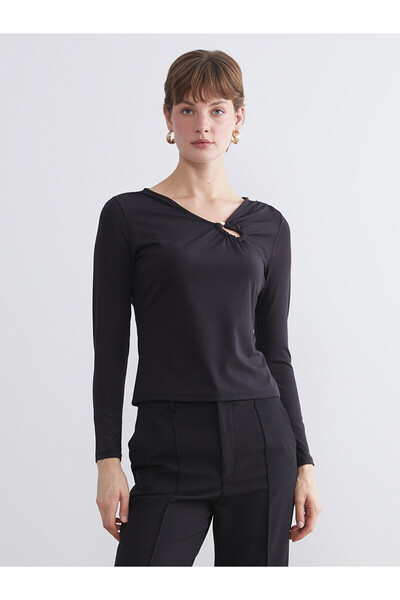 LC Waikiki Lcw Everyday Black Plus Size V-Neck Gathered Blouse