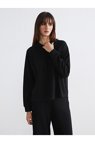 LC Waikiki Black Corded Fabric Lace-Up Women's Hoodie