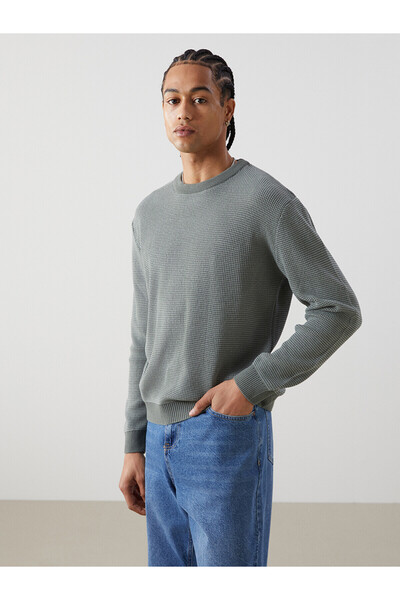 LC Waikiki Nevavm Farkıyla Xside Green Knitwear Flat Oval Collar Men's Sweater