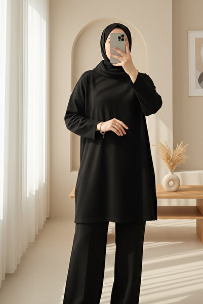 Modamorfo Turtleneck Slit Ribbed Knit Tunic -Black