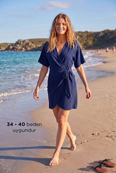 Deriderim Scarlet Lacivert Kimono Kol V Yaka Bağlamalı Mini Plaj Elbisesi