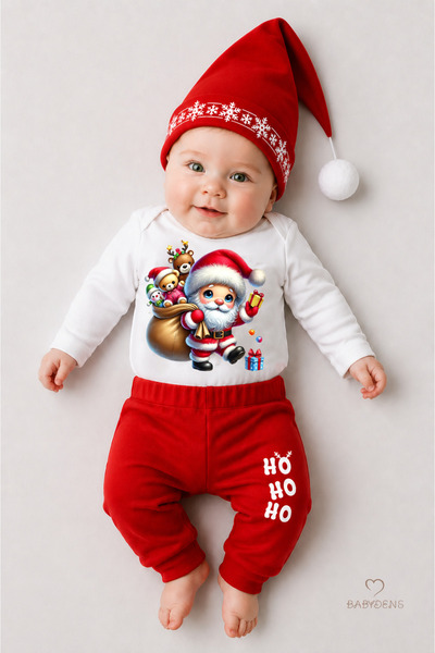 BABYDEN'S Baby New Year's Christmas Outfit Set of 3, Santa Printed Long Sleev...