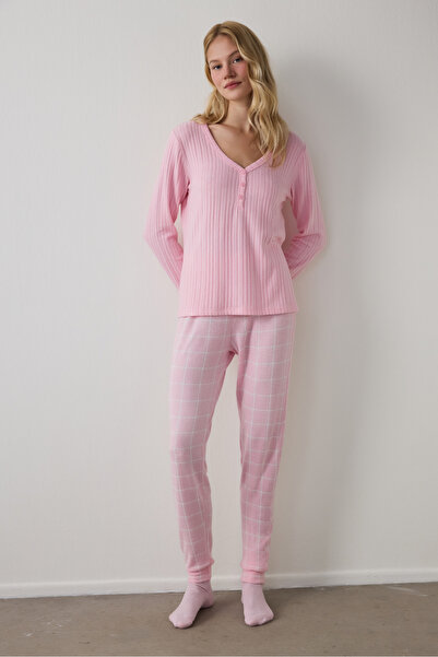Penti Set de pijamale cu mâneci lungi cu efect termic, în carouri, Dusty Rose...