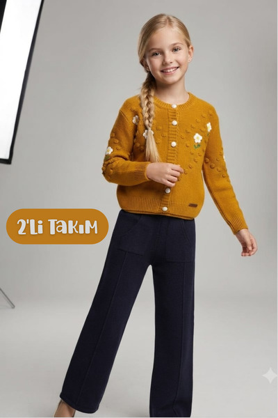 Hilal Akıncı Kids Girl's Daisy Embroidered Cardigan Knitwear Trousers Double Set