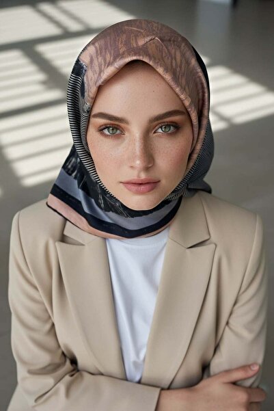 Vissona %100 Twill İpek Geometrik Desenli Somon - Bebe Mavisi Renkli 90x90 Eş...