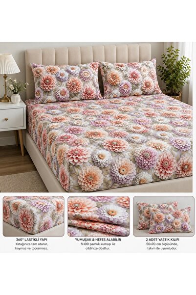 Sares Home Colorful Chrysanthemum World 5D Double King Size Elastic Sheet Set