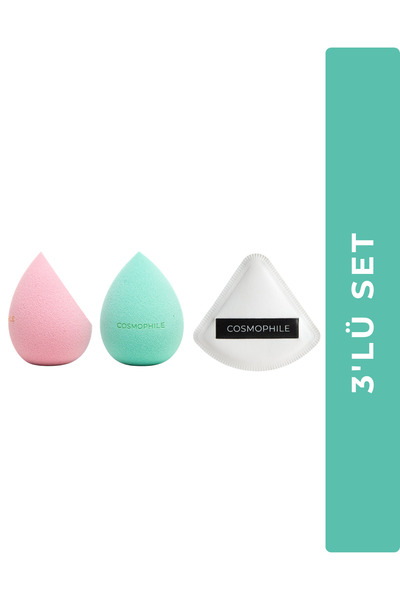 COSMOPHİLE 3'lü Makyaj Süngeri Seti – 2'li Ultra Soft Sünger + Üçgen Puff Pud...
