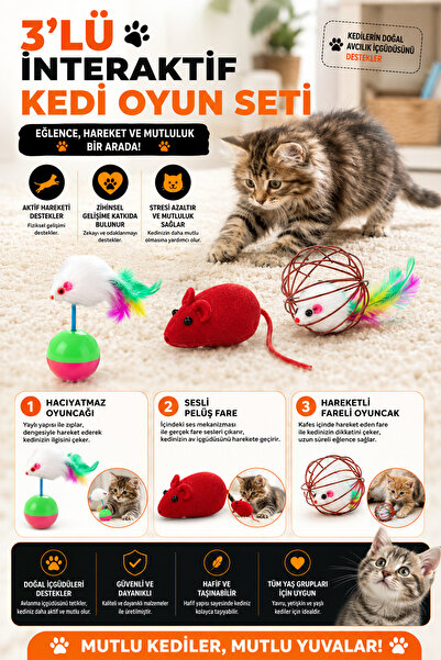 rianka 3-Piece Interactive Cat Play Set: Hacıyatmaz, Sound-Activated Plush Mo...