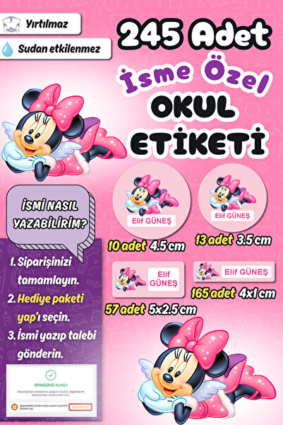 Sticker Ekspres Okul Etiketi Minnie Kalem Defter Etiketi Özel İsim Yazılabile...