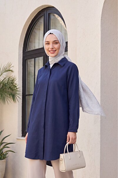 Modamorfo Oval Cut Long Shirt with Hidden Buttons - Dark Blue