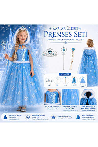 dilaydamla kids elsa kostüm elsa elbise elsa pelerinli ful set taç saç asa