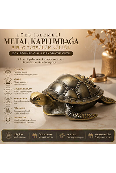 e-life shop Lüks İşlemeli Metal Kaplumbağa Biblo Tütsülük Rüzgar Geçirmez Kül...