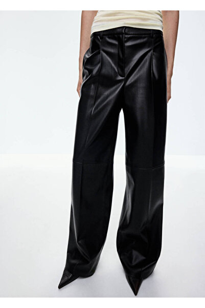 MANGO Woman Deri görünümlü wide leg pantolon