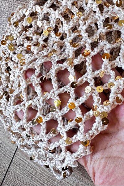 Muhteşem Concept Sequin Mesh Knitted Bandana – Cream / Off-White Color Stylish Bohemian Summer Beanie