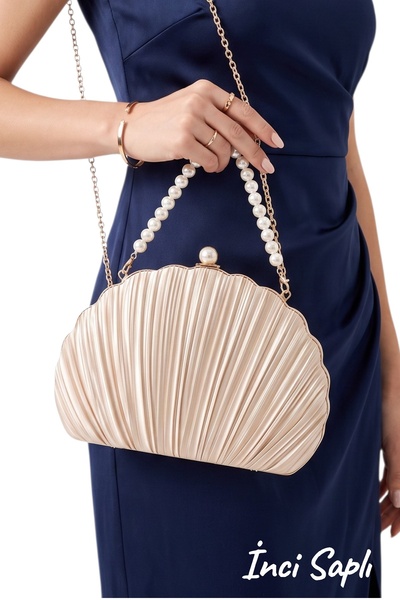 Famels Oyster Model Pleated Satin Model Handbag Wedding Engagement Evening Dr...