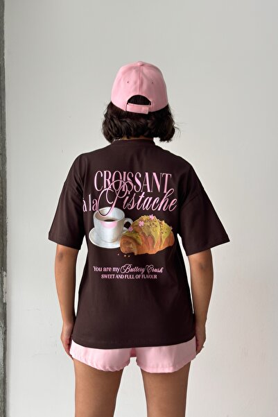 CrepTekstil Crep Women's Croissant Pistache Front and Back Printed Oversize T...