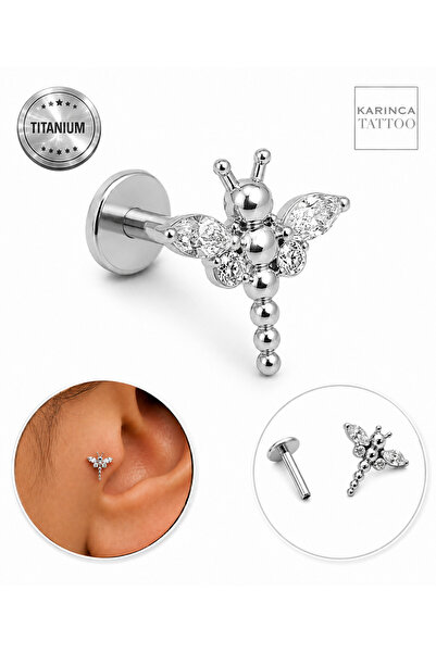 Karınca Piercing Dragonfly Zirkon Taşlı Titanyum Piercing Flatback Tragus Fla...