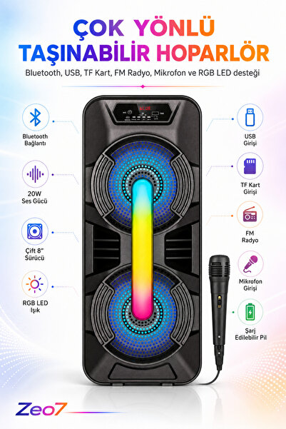Zeo7 20W Çift 8 İnç Bluetooth Hoparlör TWS Mikrofonlu USB TF Kart FM Radyo RG...