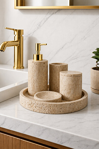 DMR HOME Doğal Traverten Taş Banyo Seti – Sıvı Sabunluk ve Diş Fırçalık | Min...