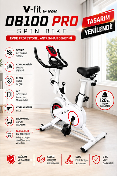 VFİT Db100 Pro Beyaz Spin Bike Elden Nabız Ölçer Direnci Ayarlanabilir