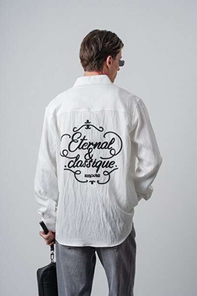 Respire Men's Eternal Embroidered Long Sleeve Shirt Linen Oversized Ecru
