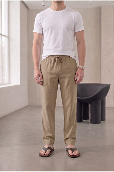 TheSeason Men's Beige Cotton Linen Look Relaxed Fit Summer Trousers with Lace...