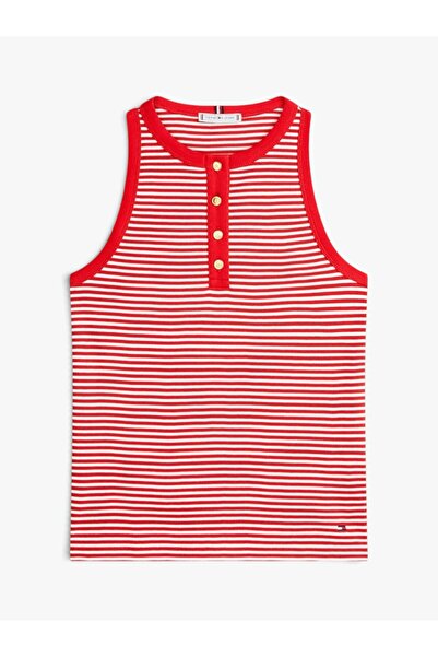 Tommy Hilfiger GOLD BUTTON HENLEY TOP Kadın Kırmızı T-Shirt - WW0WW49251