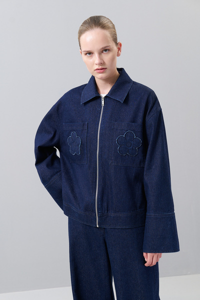 Roman Önden Fermuarlı İki Cepli Denim Ceket Lacivert K2516021_015