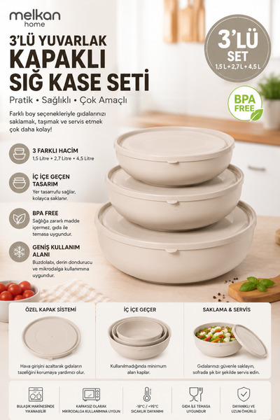Melkan Home 3'lü Yuvarlak Kapaklı Sığ Kase Seti – 1,5 L + 2,7 L + 4,5 L Kapak...