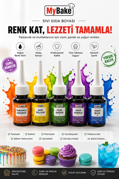 MY BAKE MALDİ PASTACILIK MY BAKE 5 Lİ SIVI GIDA BOYASI 60 GR SARI TURUNCU MAV...