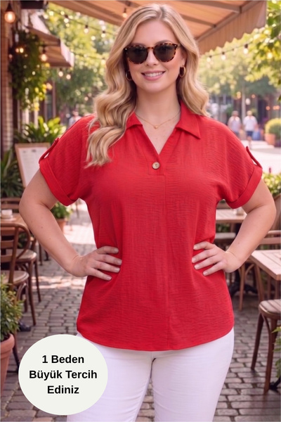 tarzımsüper Women's Plus Size Polo Neck Sleeve Part Buttoned Shirt Blouse