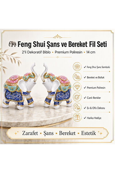 e-life shop Renkli Nakış İşlemeli 2'li Feng Shui Şans Bereket Fil Biblo Seti ...