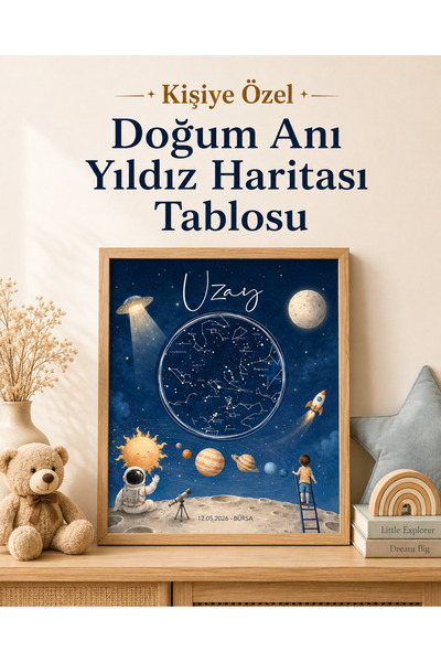 Bebeloji Store Kişiye Özel Çocuk Yıldız Haritası Tablosu – İsimli Tarihli Çer...