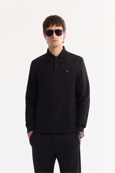 Avva Men's Black Polo Neck Cotton Basic Slim Fit Sweatshirt B001080