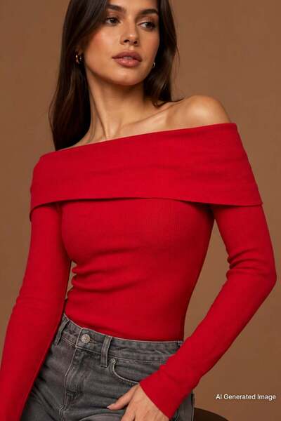 Madmext Madonna Collar Red Knitwear Sweater - Long Sleeve MG2184