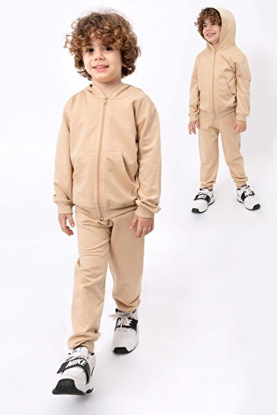 Bubito Unisex Çocuk Kapüşonlu Pamuklu 2'li Alt Üst Takım - Bej