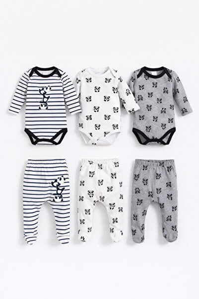 Bubito Bebek Sevimli Panda Desenli 6'lı 3 Body 3 Patikli Alt Seti - Gri Beyaz Çizgili