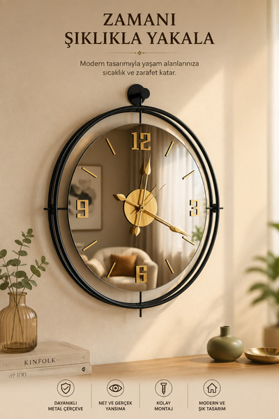 Mgs DUVAR SAATİ TİNATTİ BLACK BRONZ AYNALI DUVAR SAATİ