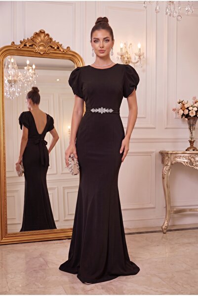 ALFUDO Moda Collection Βραδινό φόρεμα με κοντό μανίκι με λεπτομέρεια από πέτρ...
