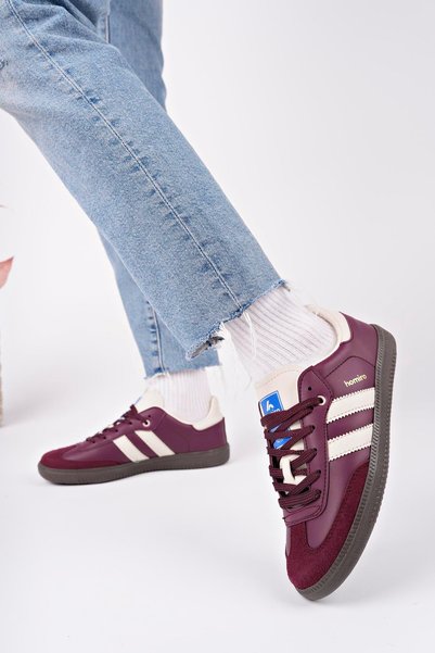 ARONA Lace-Up Unisex Sport Sneakers-Burgundy-Beige